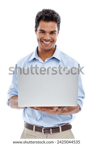Happy man, portrait and laptop in studio for web communication, scroll or search on white background. Pc, face or entrepreneur online for small business startup research, social media or email check