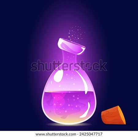 Bottle with potion in cartoon style. Glass bottle in cartoon style. Flat cartoon style. Game element. Gradient.