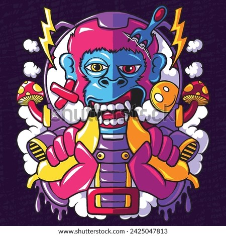 Colorful Monster Monkey Space Holding Banana Illustration for T-shirt Design, Mockup, Clip Art, Sticker