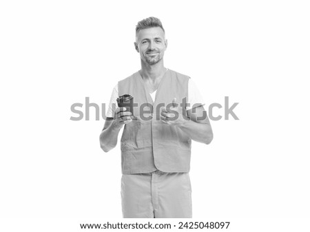 photo of happy man worker wearing reflective vest. man worker with coffee isolated on white.