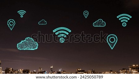 Image of digital clouds and icons flying over cityscape. Global cloud computing, connections and data processing concept digitally generated image.