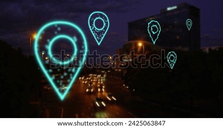 Image of digital location icons flying over cityscape. Global internet networks, computing, connections and data processing concept digitally generated image.