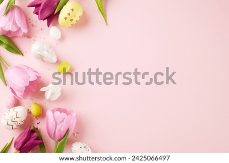 Tulips and treats: a vertical shot of soft pink tulips, speckled eggs, and miniature porcelain rabbits on a blush backdrop, perfect for serene Easter promotions