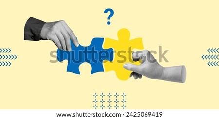 Unification or division of Ukraine, family reunification concept. Hands with puzzle pieces and a question mark. Minimalist art collage Royalty-Free Stock Photo #2425069419