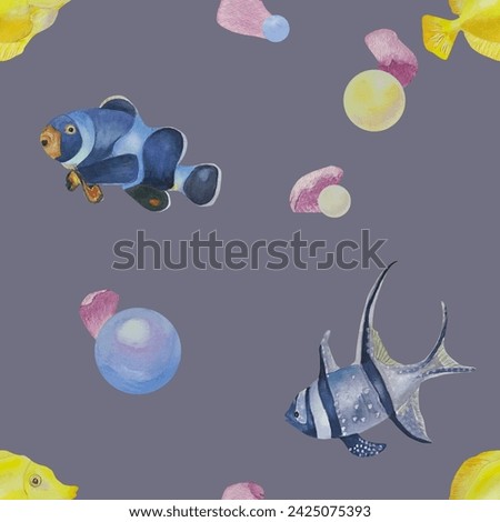 Watercolor illustration with tropical fish, corals and bubbles. Seamless pattern. For fabric, textile, wallpaper, prints. High quality