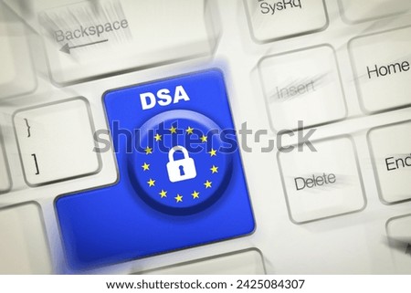 Digital services act (DSA) concept: enter key on computer keyboard with europe flag, padlock symbol and the text "DSA" Digital Services Act Royalty-Free Stock Photo #2425084307