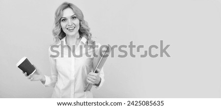 Happy girl manager with laptop hold takeaway drink in paper cup yellow background, tea break. Woman isolated face portrait, banner with mock up copy space.