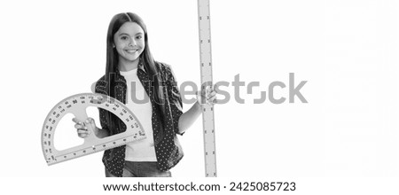 happy teen girl hold protractor ruler study math at school isolated on white, education. Banner of schoolgirl student. School child pupil portrait with copy space.
