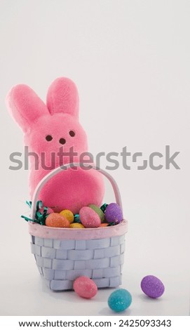 Pink Easter Bunny in Basket with Eggs