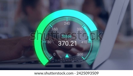 Image of green speedometer over hands of caucasian man using laptop. Internet speed, transfer, communication and technology concept digitally generated image.