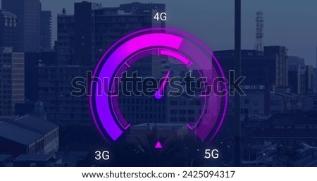 Image of purple speedometer over cityscape. Internet speed, transfer, communication and technology concept digitally generated image.