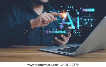 Ai technology, businessman show virtual graphic Global Internet connect Chat with AI,Artificial Intelligence.Chat bot,using command prompt for generates something,Futuristic technology transformation.