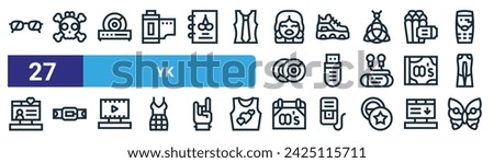 set of 27 outline web yk icons such as sunglasses, skull, cd player, sneakers, pen drive, belt,  , butterfly vector thin line icons for web design, mobile app.