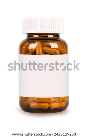 Brown medicine pills glass bottle with blank label isolated on white background.