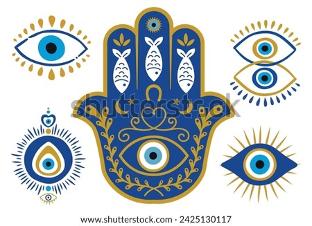 The evil eye, Hamsa, protective amulet of Mediterranean cultures, in countries such as Greece, Turkey, Italy. Vetporial illustration in dooble style Royalty-Free Stock Photo #2425130117
