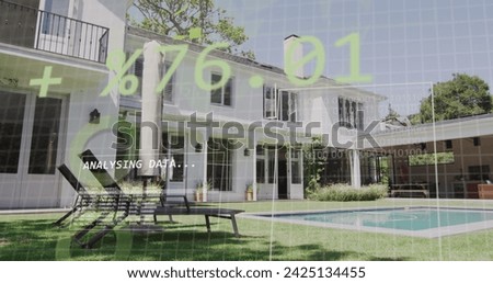 Image of statistics and data processing over house. Domestic finance, property, communication, digital interface and data processing concept digitally generated image.