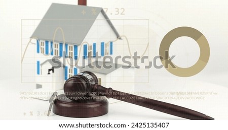 Image of statistics and data processing over house model. Domestic finance, property, communication, digital interface and data processing concept digitally generated image.