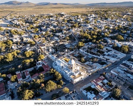 Aerial view of the "Pueblo Mágico", Mineral de Pozos, with the iconic dome of the San Pedro Parish standing out in this enchanting Mexican village.