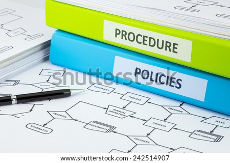 Business binders with POLICIES and PROCEDURE words on labels place on process flow charts, pen pointing at document word Royalty-Free Stock Photo #242514907