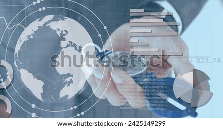 Image of statistics and data and globe over caucasian businessman holding compass. Global business, communication, digital interface, finance and data processing concept digitally generated image.