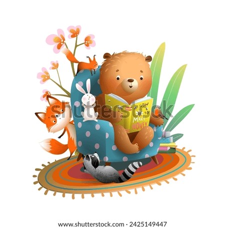 Cute bear reading or studying a book with animals at home, fox bunny squirrel and raccoon listening to a story. Reading animals cartoon for kids education. Vector clipart illustration for children.