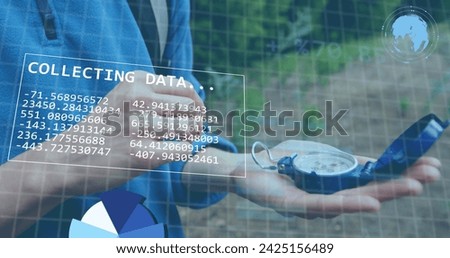 Image of statistics, data processing, globe over caucasian woman holding compass. Global business, communication, digital interface, finance and data processing concept digitally generated image.