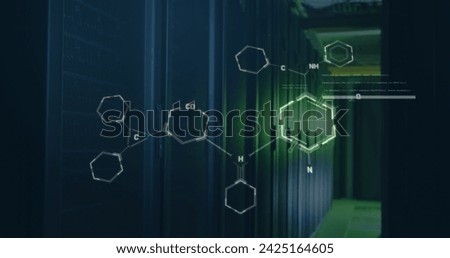 Image of data processing over server room. global technology and digital interface concept digitally generated image.