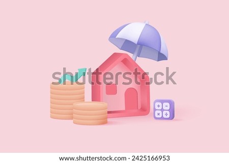 3D real estate and coin with insurance protection. money saving to loan house, property of financial, money investment. Stack of coins and a tiny house bank. 3d house icon vector render illustration