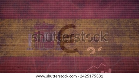 A Euro symbol is superimposed on the Spanish flag, symbolizing economic themes. It represents Spain's financial market or economic status within the Eurozone. Royalty-Free Stock Photo #2425175381