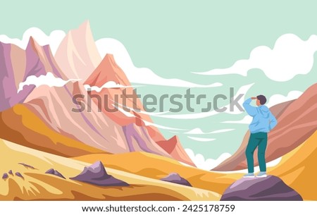 High elevation and summits with fluffy clouds. Mountaineering or climbing hobby. Young man standing on rock and watching nature and wilderness landscape and natural design. Vector in flat style
