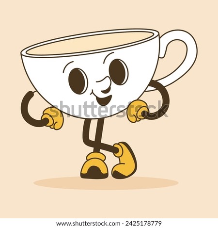 Cup with handle character emoticon or sticker with funny facial expression, hands and legs. Isolated personage with smile on face, positivity and cheerfulness, teacup mascot. Vector in flat style