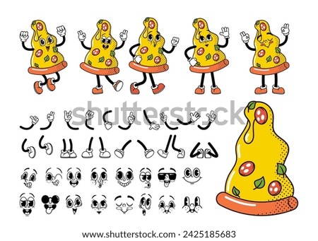 Cartoon Retro Fast Food Pizza Groovy Character Construction Kit. Italian Peperoni Slice Facial Expressions, Hands, Legs
