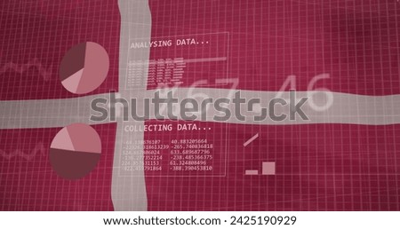 Image of statistics and data processing over waving flag of denmark. Business, communication, digital interface, finance and data processing concept digitally generated image.