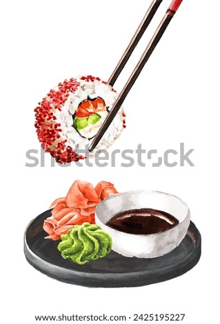 Sushi Rolls with soy sauce, ginger and red caviar tobico. Hand drawn watercolor illustration, isolated on white background