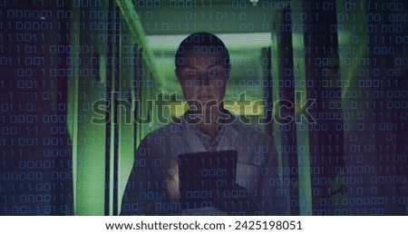 Image of data processing over caucasian female worker in server room. global technology and digital interface concept digitally generated image.