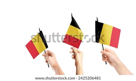 A group of people are holding small flags of Belgium in their hands.