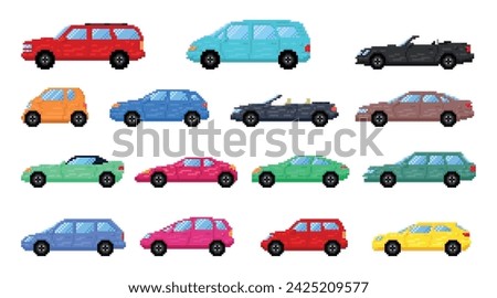 Pixel colored car automobile graphic image virtual video gaming cybersport set vector flat illustration. Auto vehicle transportation pixelated technology speed traffic game playing profile side view