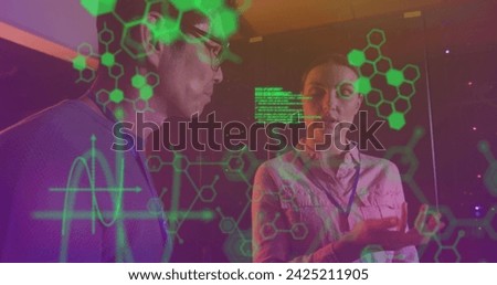 Image of data processing over diverse workers in server room. global technology and digital interface concept digitally generated image.