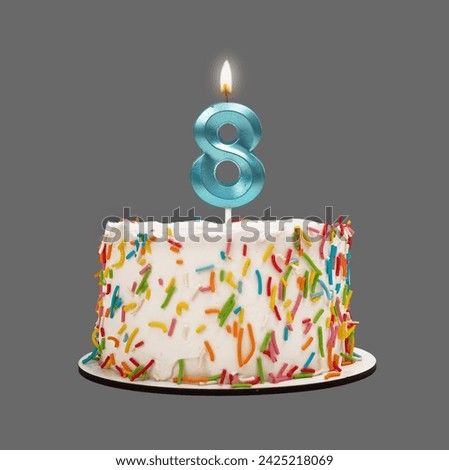 8 shaped candle light on happy birthday cake isolated on white background