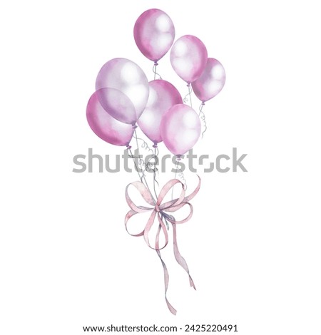 bunch of pink lilac balloons with a beautiful bow. The watercolor illustration is isolated on a white background. for decoration and design of postcards, invitations, website design element