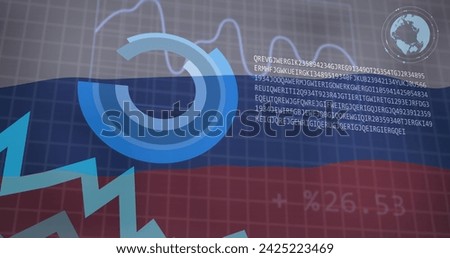 Image of statistics and data processing over waving flag of russia. Business, communication, digital interface, finance and data processing concept digitally generated image.