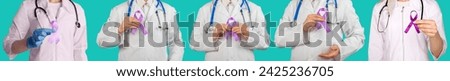 Set of five images doctor holding a purple ribbon in hands ADD,ADHD,Alzheimer Disease, Arnold Chiari Malformation,Childhood Hemiplegia stroke, Epilepsy, Chronic Acute Pain,Crohns Royalty-Free Stock Photo #2425236705