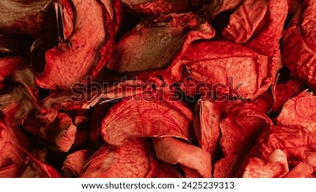 Macro texture of dry apple slices. Background with dehydrated fruits. Saving preserved fruit harvest for winter. Soft focus. film grain pixel texture. Defocused.