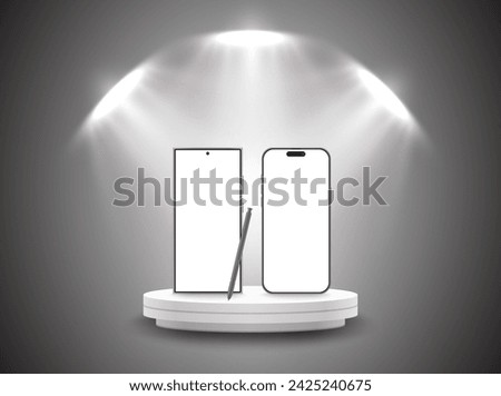 Shining Smartphone on podium and stage illuminated with three spotlights. Product presentation and banner template design. Vector.