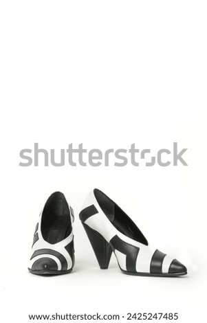 Women elegant pointy toe V cut mid kitten heels. Black and white leather shoes, product studio shot  Royalty-Free Stock Photo #2425247485