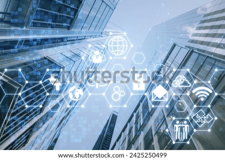 Creative digital hexagonal pattern with various business icons on blurry polygonal city background. Digital dashboard and data concept. Double exposure