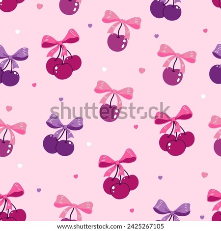 Seamless pattern with cherries with bows in lilac-pink colors. Vector graphic.