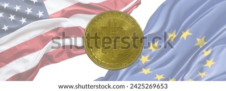 Closeup photo 21:9 of bitcoin coin against the background of American flag and European Union flag. Banner for website, desktop wallpaper, copy space for text and advertising, blank, white, free space
