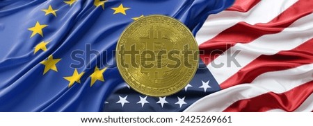 Closeup photo 21:9 of bitcoin coin against the background of American flag and European Union flag. Banner for website, desktop wallpaper, copy space for text and advertising, blank, white, free space