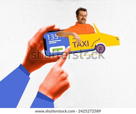 Contemporary art collage. Hand framing smartphone with man in orange shirt appearing as taxi, fare display. Concept of ride-sharing app, quick and easy transport options, offering taxi fare discounts.